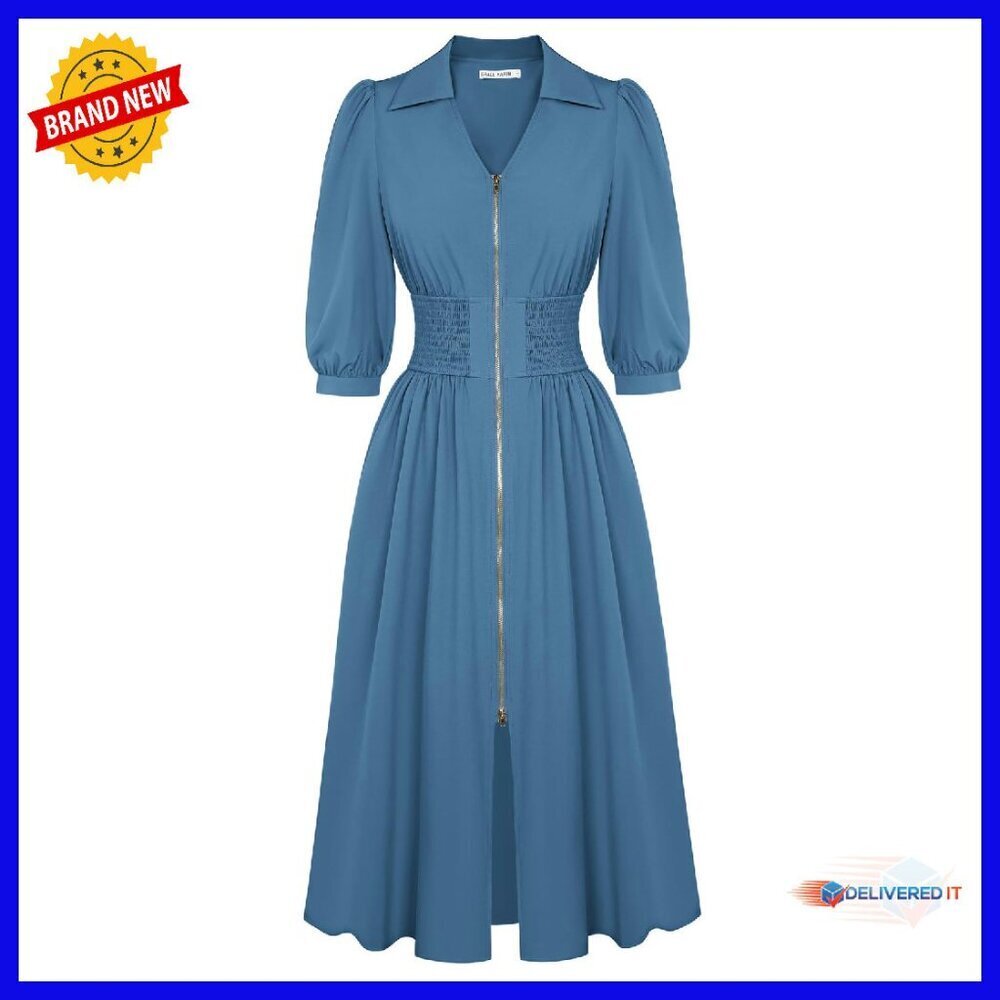 Midi Dress with Pockets, Smocked Waist, 3/4 Sleeves, V-Neck, Zipper